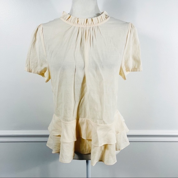 ELLISON •anthropologie• Cream Ruffled High Neck Short Sleeve Blouse - SMALL - Picture 1 of 9